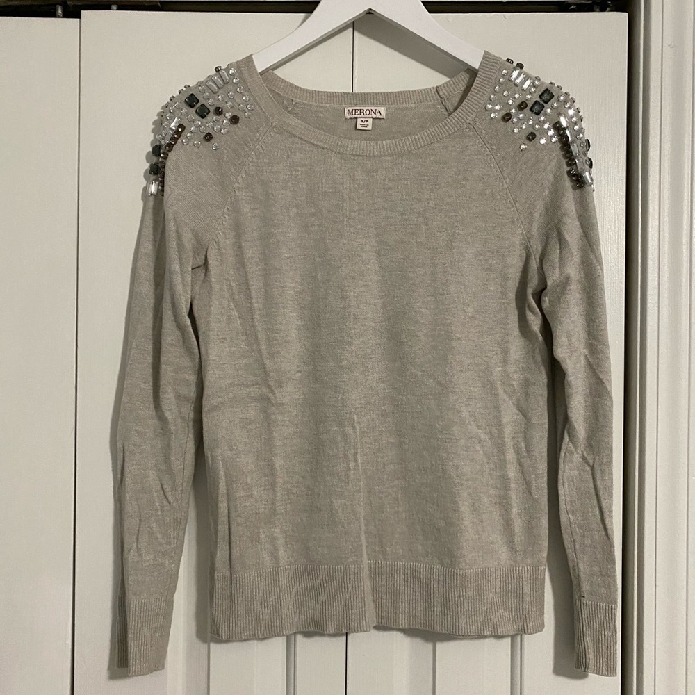 Greyish tan sweater with bejeweled shoulder